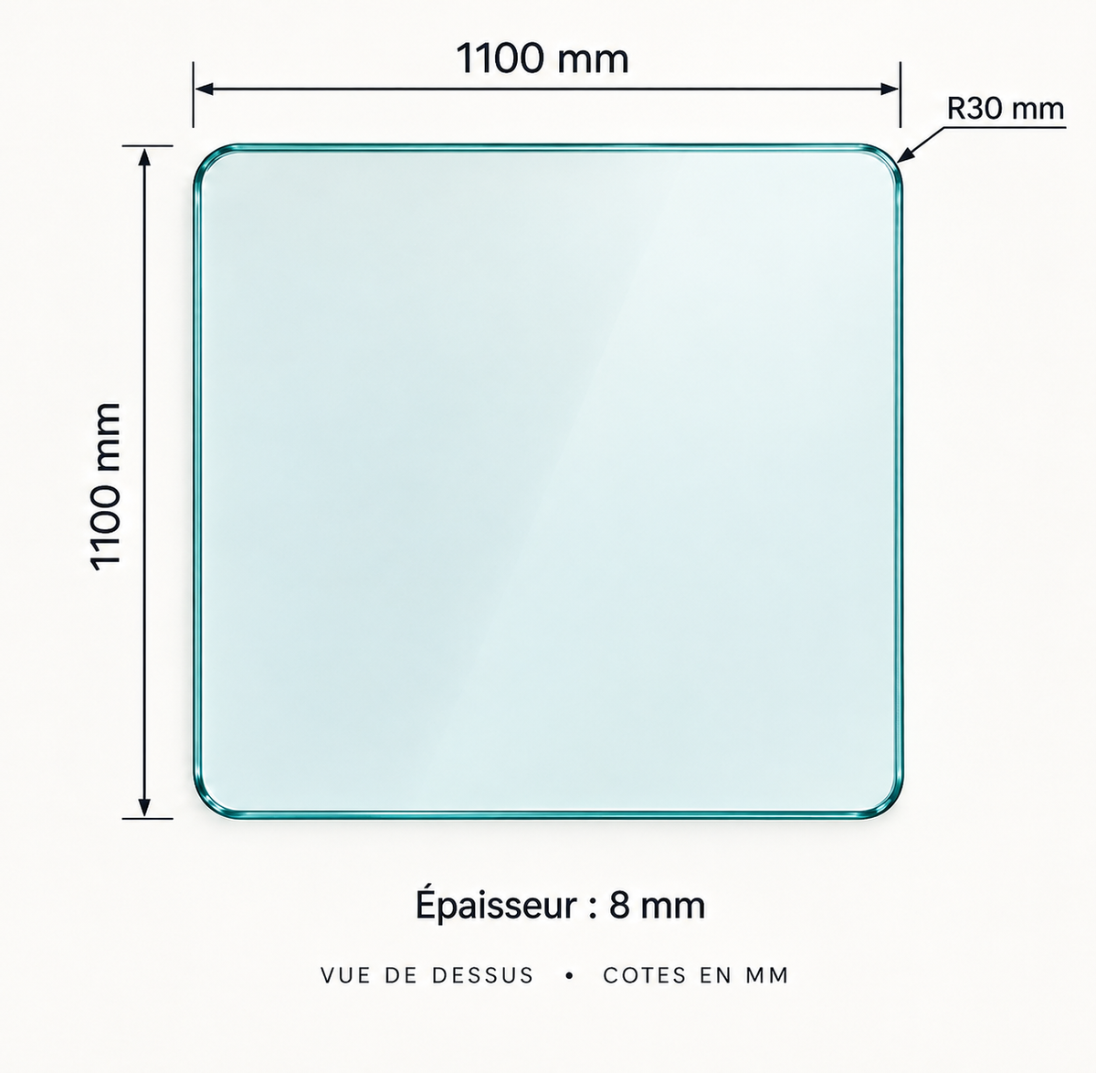 Plateau en verre trempé carré – 1100 × 1100 mm – 8 mm