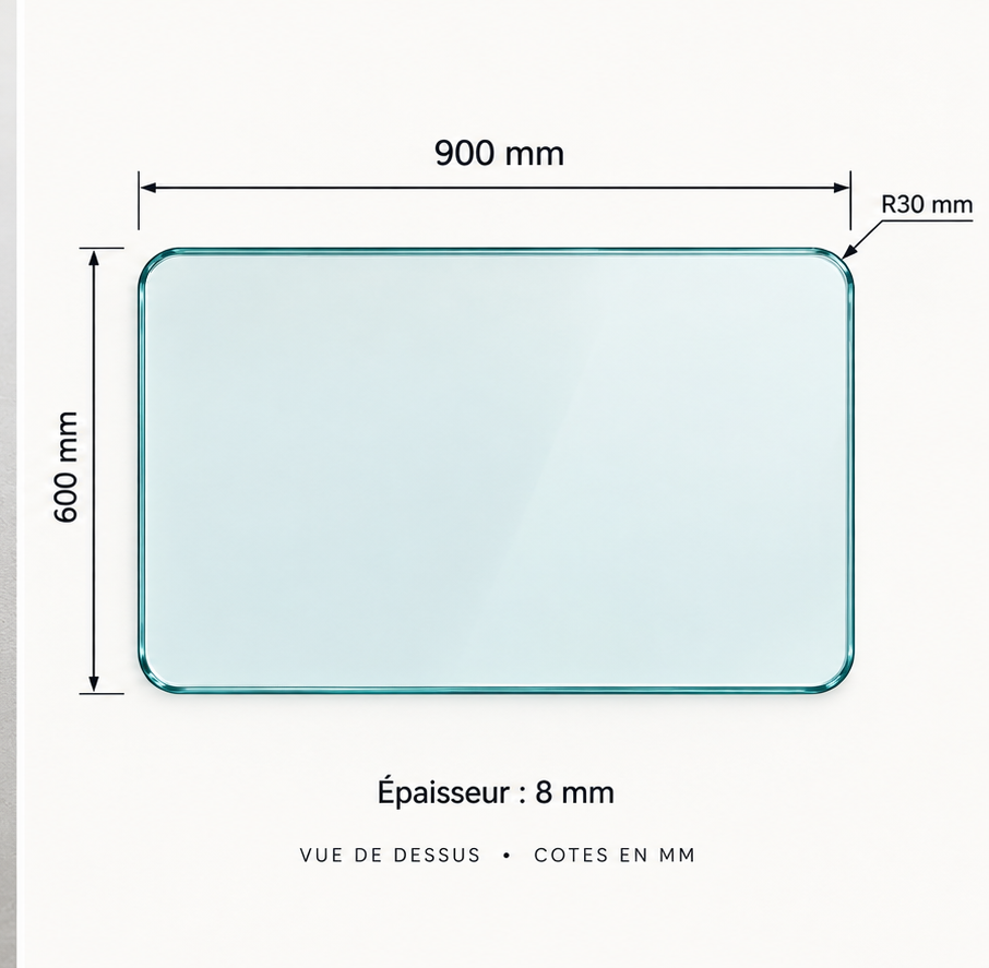 Plateau en verre trempé – 900 × 600 mm – 8 mm